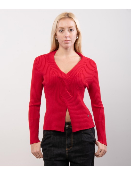 maglione a coste con scollo a treccia