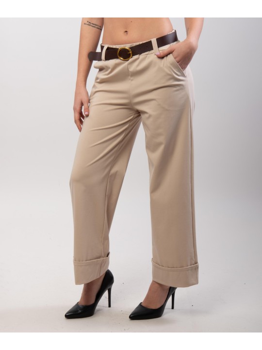 Pantaloni Wide Leg con Risvolto e Cintura