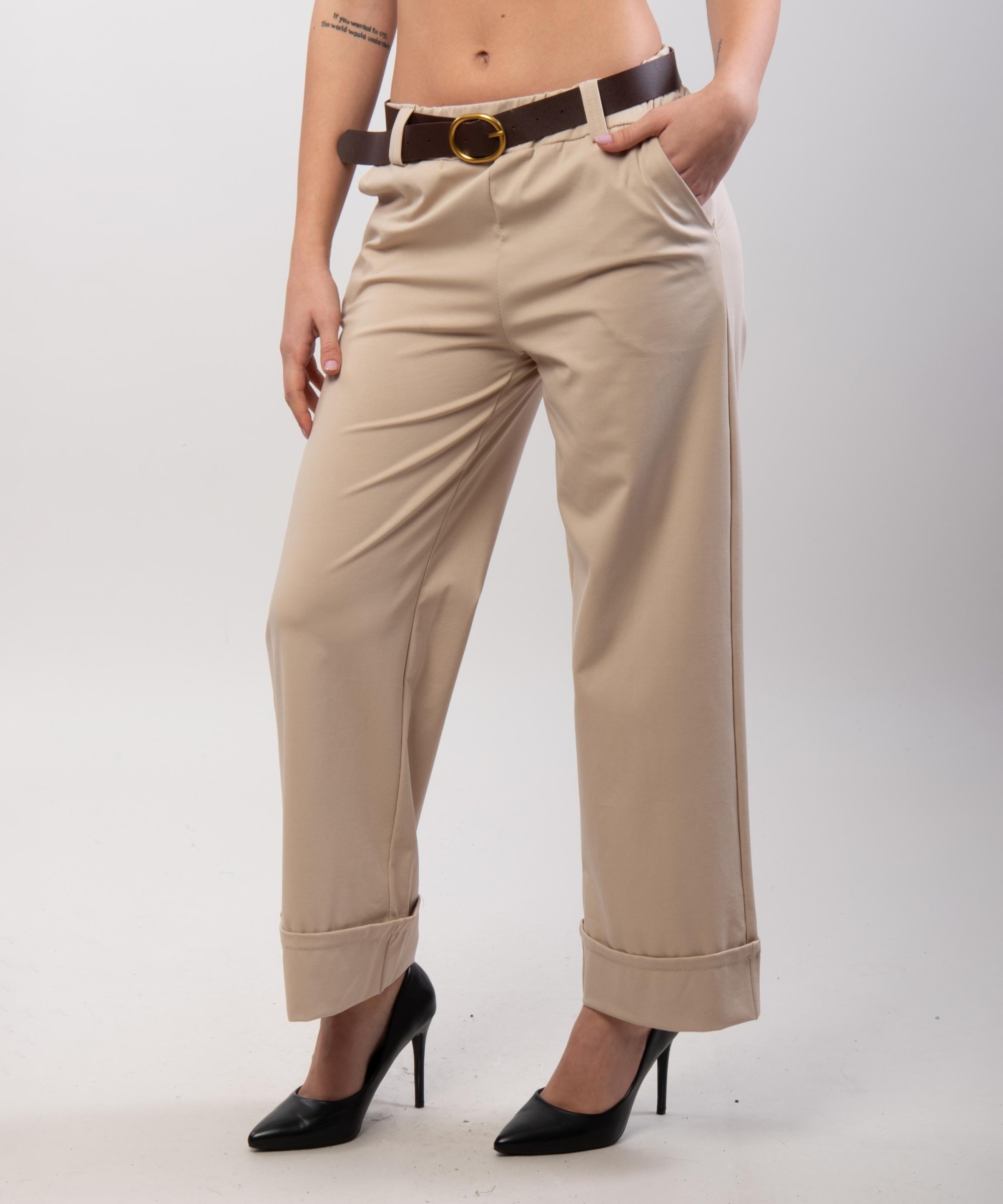 Pantaloni Wide Leg con Risvolto e Cintura