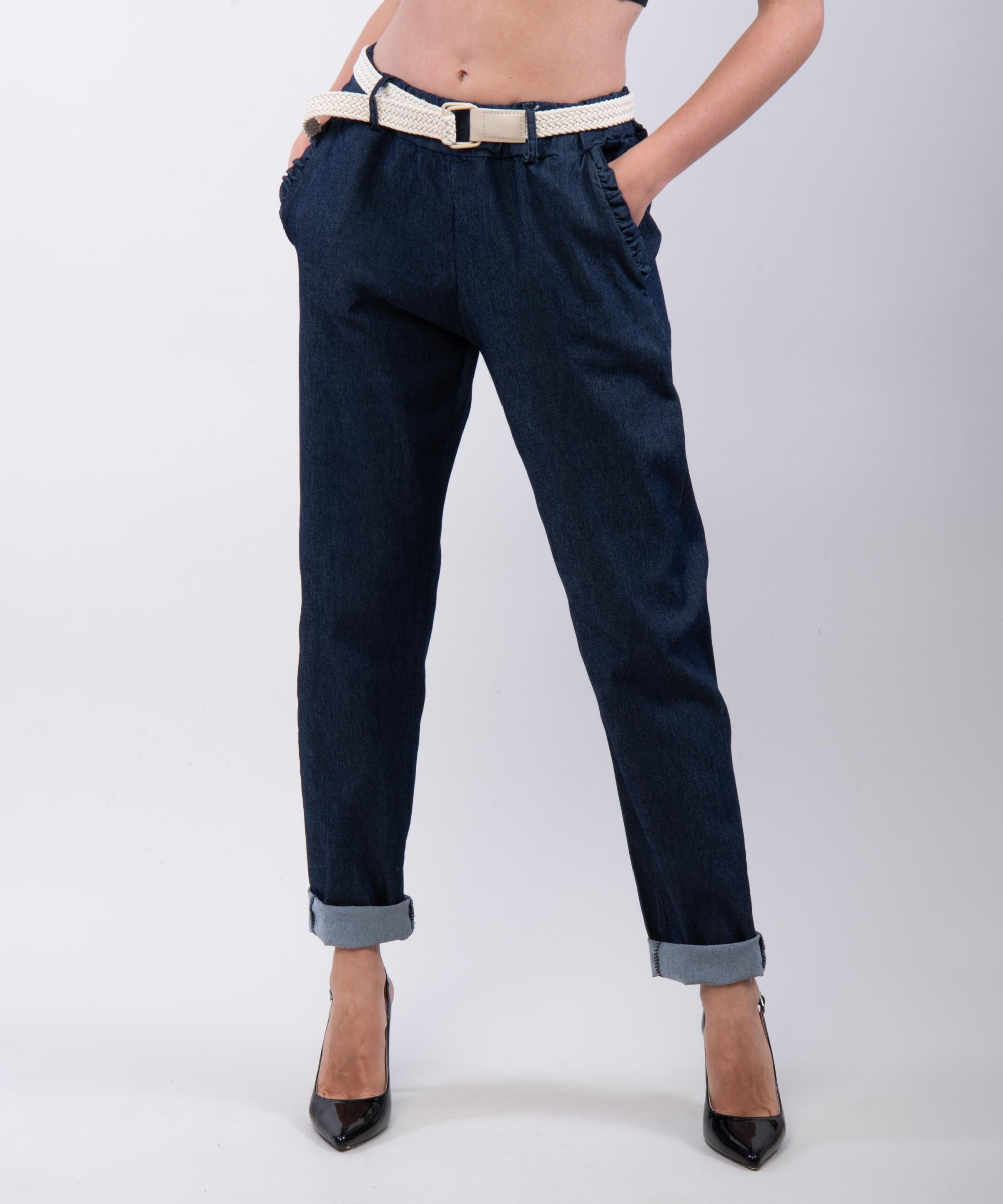 Pantaloni Dritti con Ruches su tasche