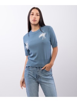 Maglia Maniche Corte con Dettaglio Strass e Piume