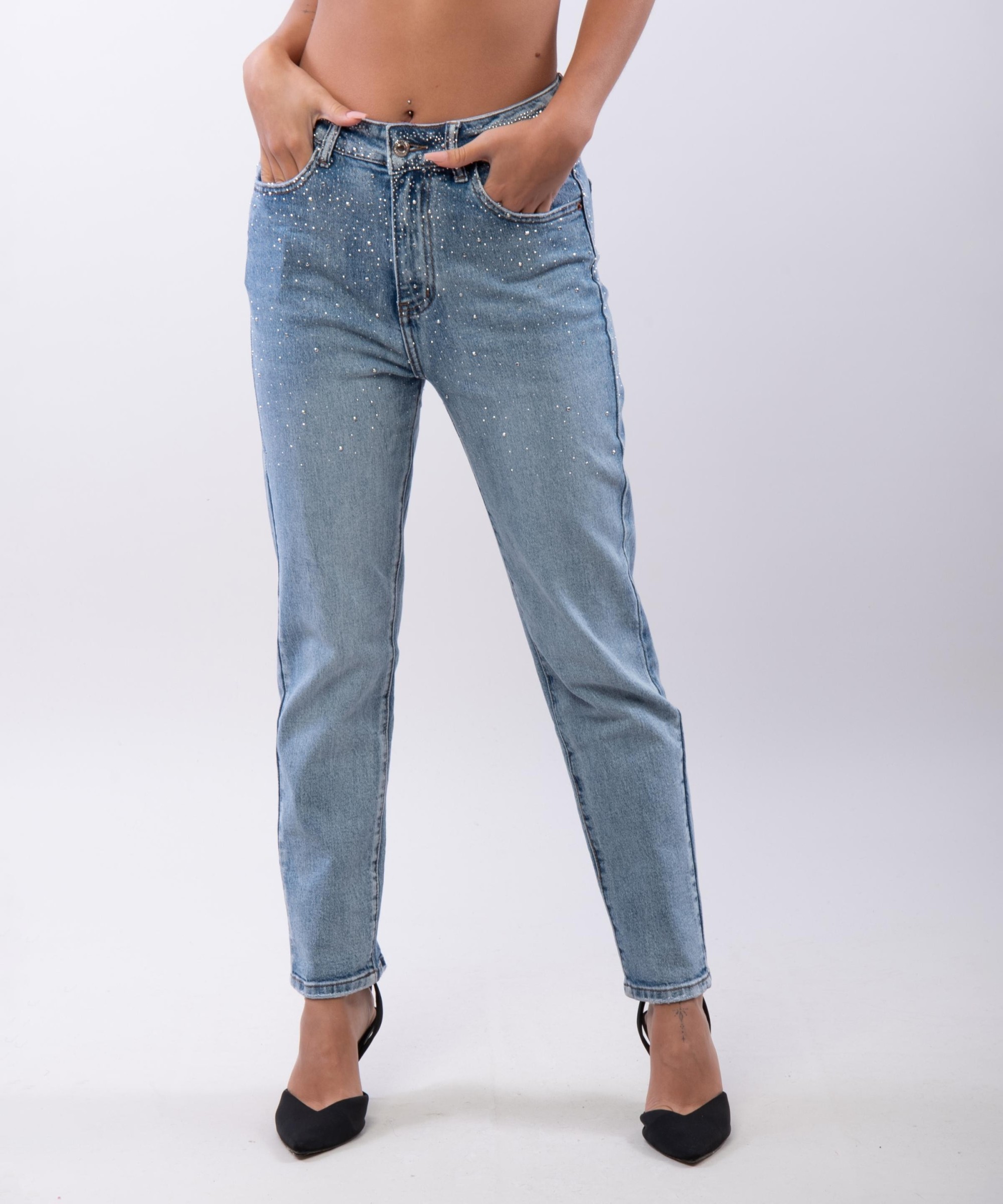Jeans a Palazzo con Strass Iridescenti