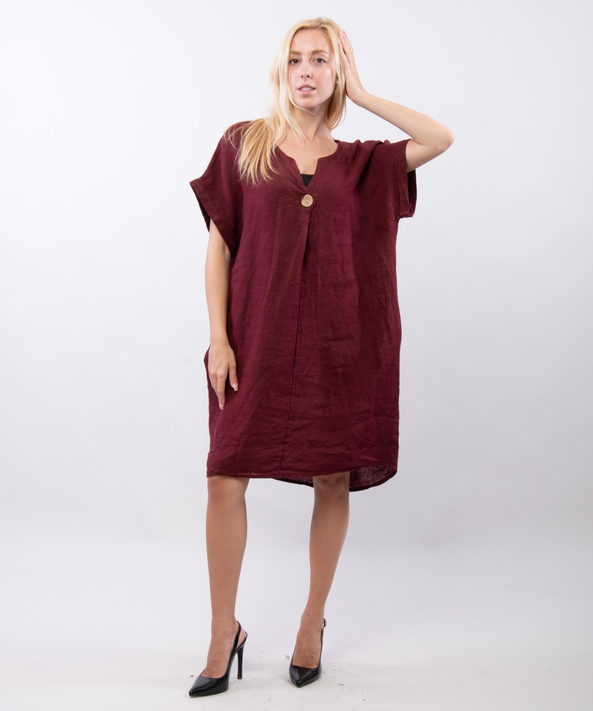Abito Midi Lino Scollo V con Bottone