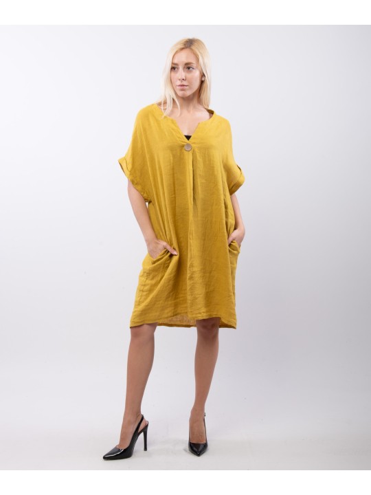 Abito Midi Lino Scollo V con Bottone