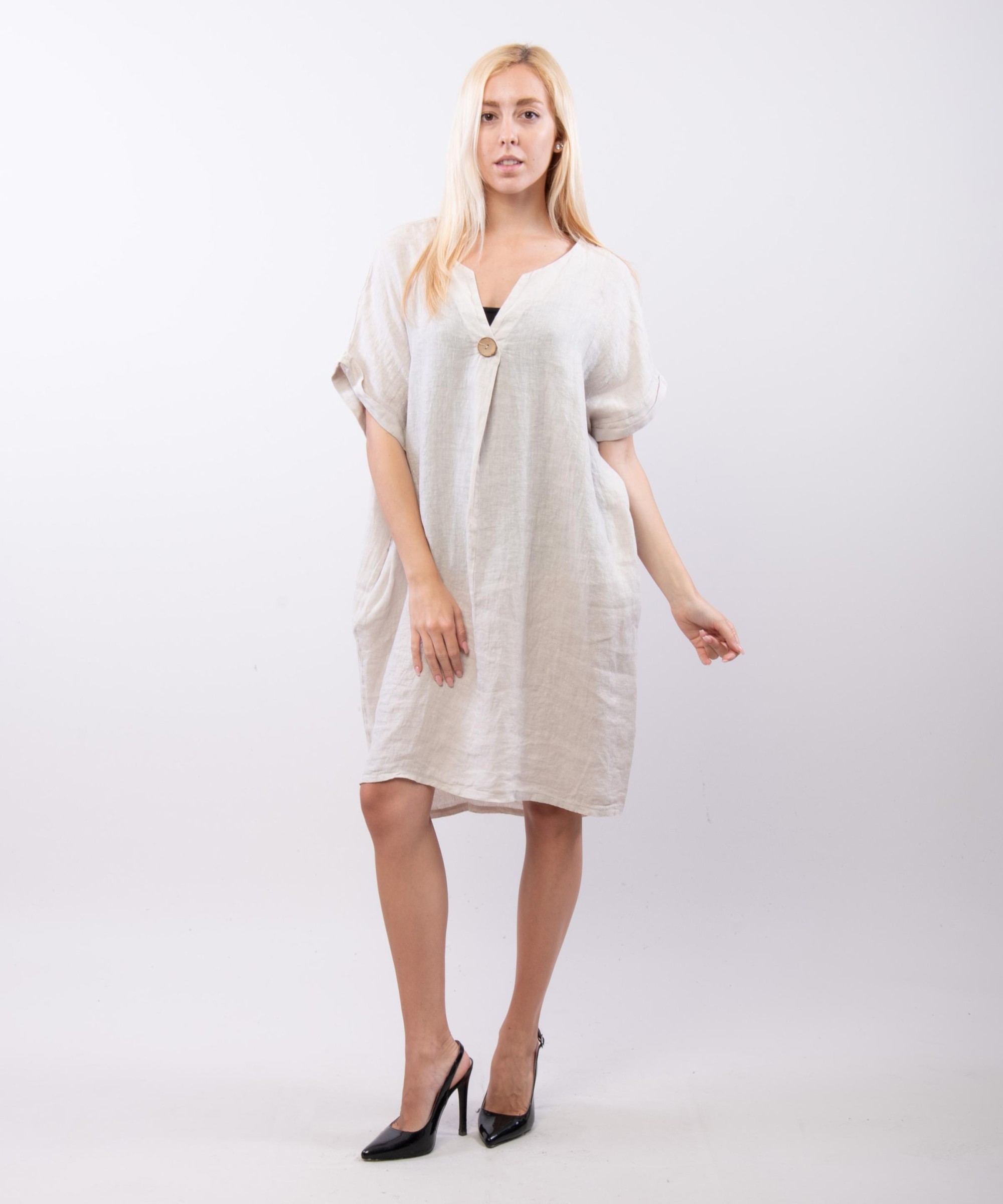 Abito Midi Lino Scollo V con Bottone
