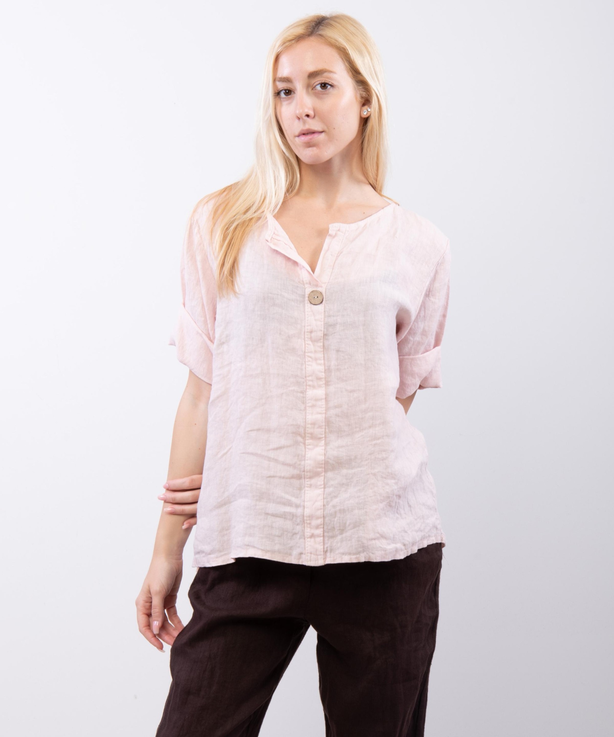 Blusa in Lino Scollo V con Bottone