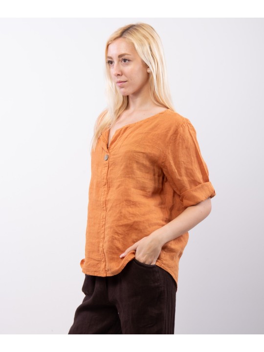 Blusa in Lino Scollo V con Bottone