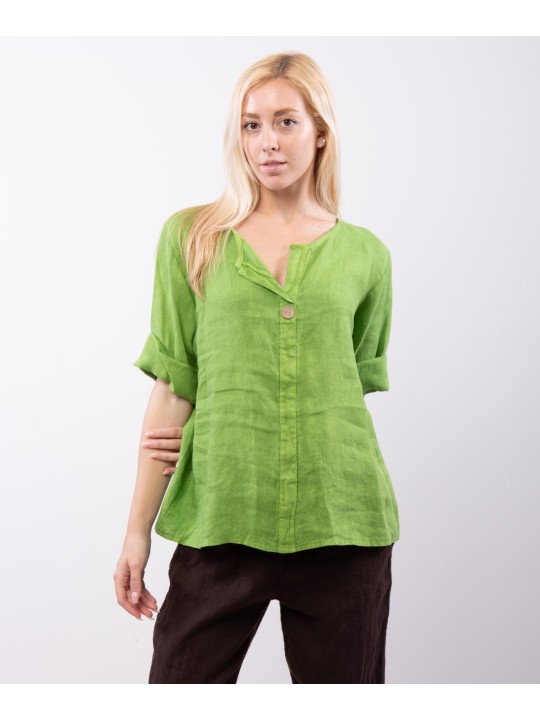 Blusa in Lino Scollo V con Bottone
