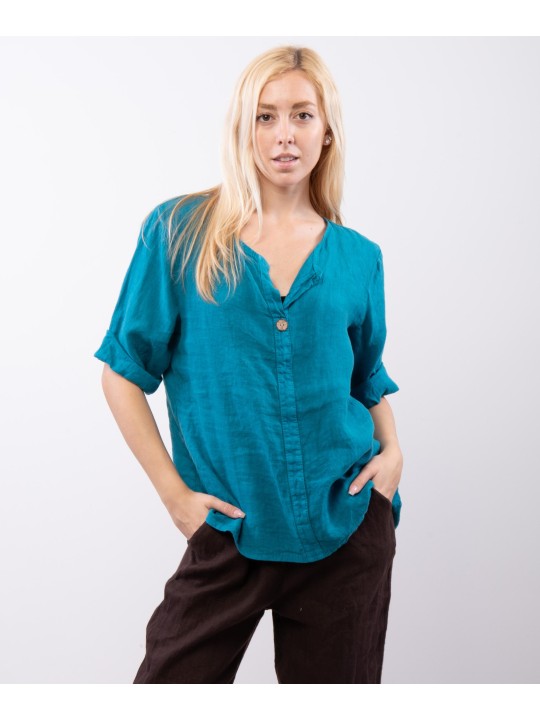 Blusa in Lino Scollo V con Bottone
