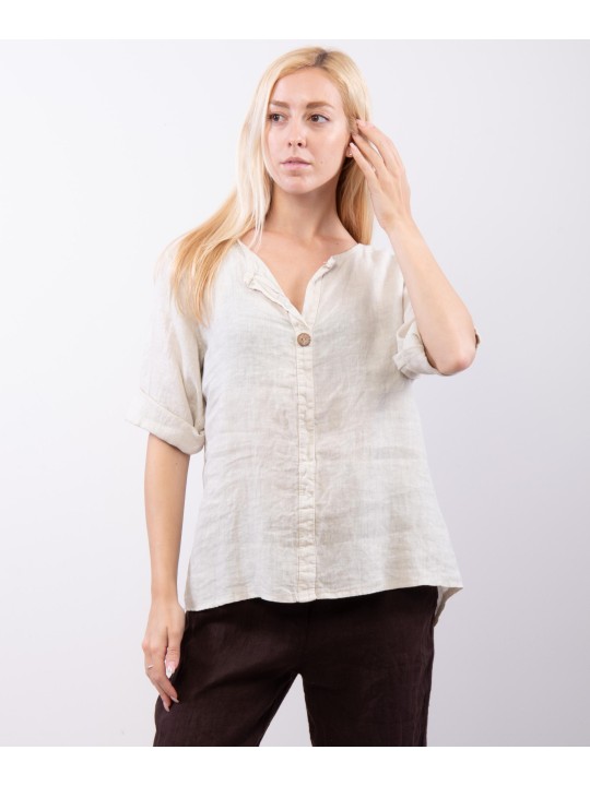 Blusa in Lino Scollo V con Bottone