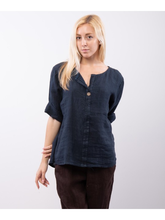 Blusa in Lino Scollo V con Bottone