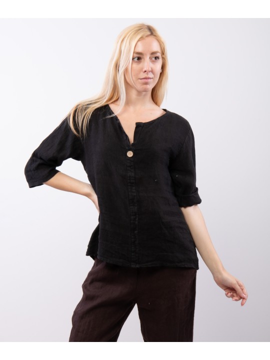 Blusa in Lino Scollo V con Bottone
