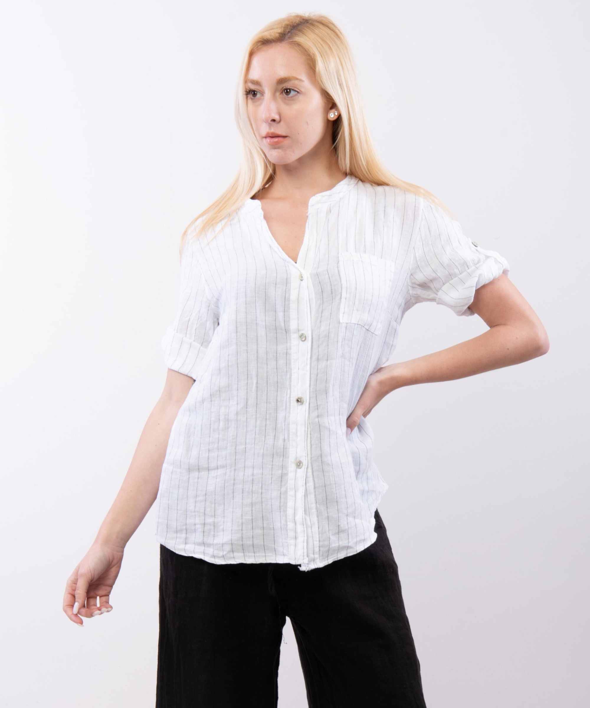 camicia con collo alla coreana a righe