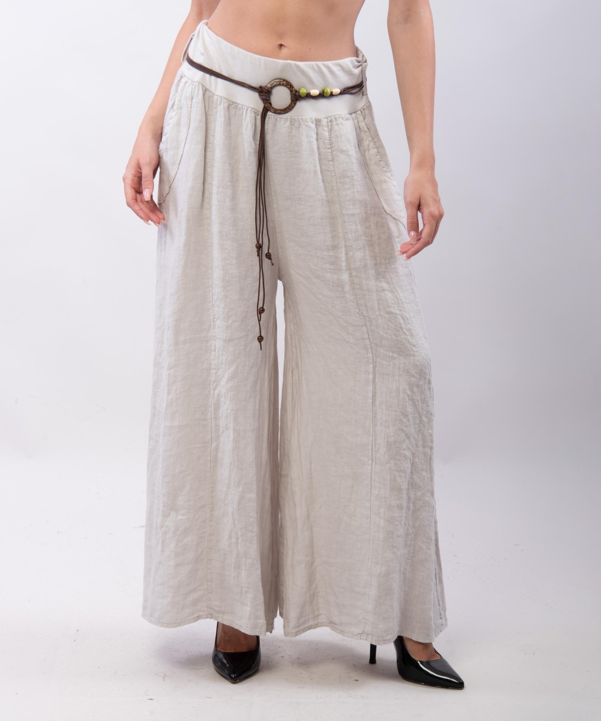 pantalone a palazzo in lino con cintura