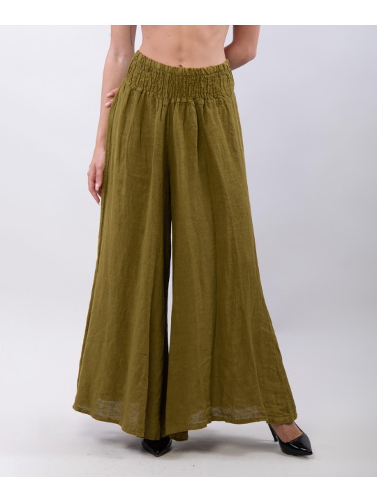 Pantalone a Zampa Lino con Elastico in Vita