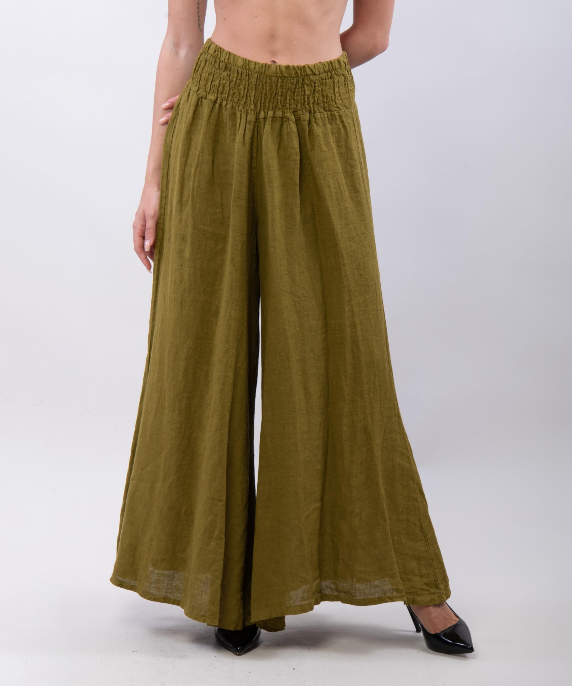 Pantalone a Zampa Lino con Elastico in Vita