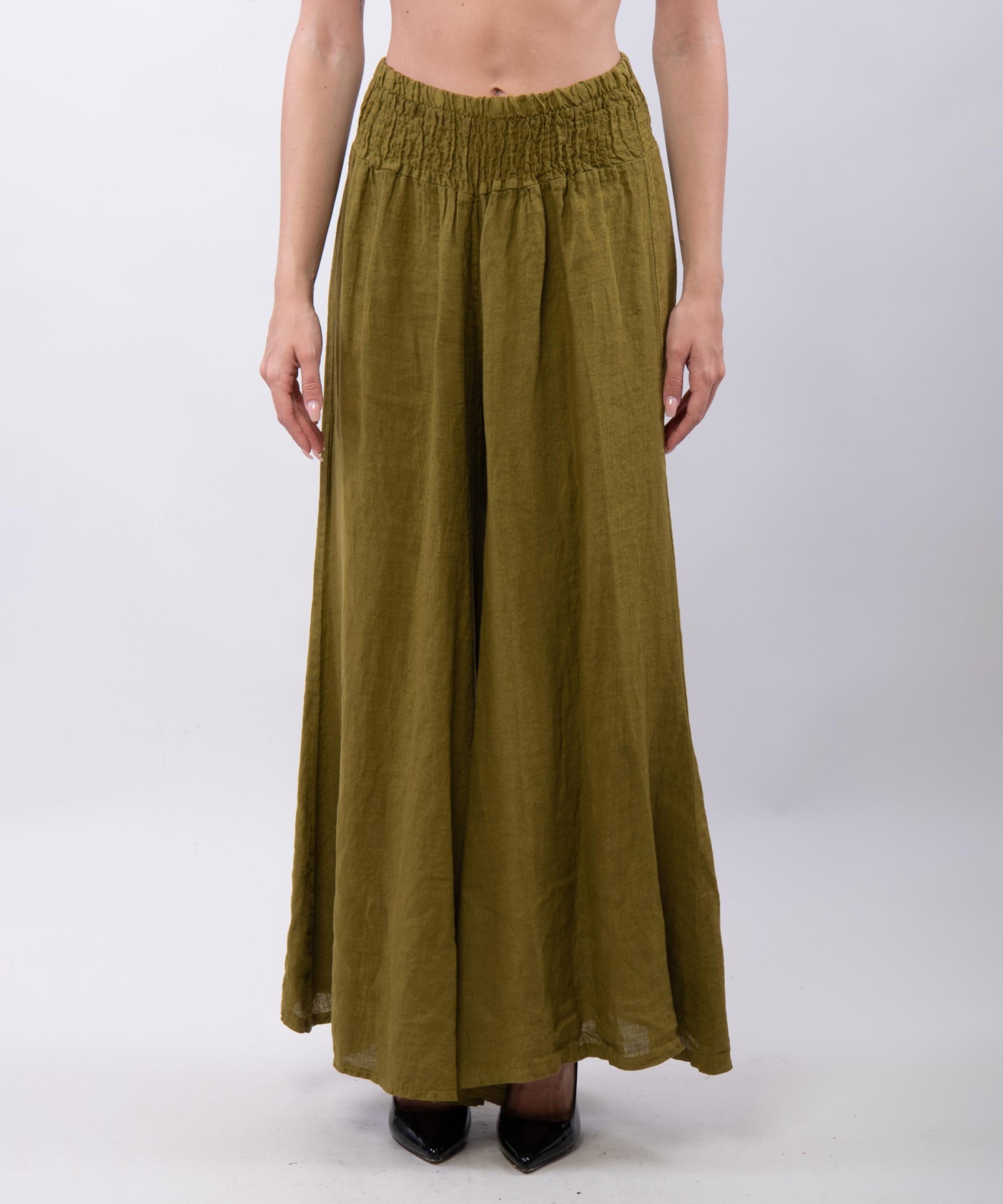 Pantalone a Zampa Lino con Elastico in Vita