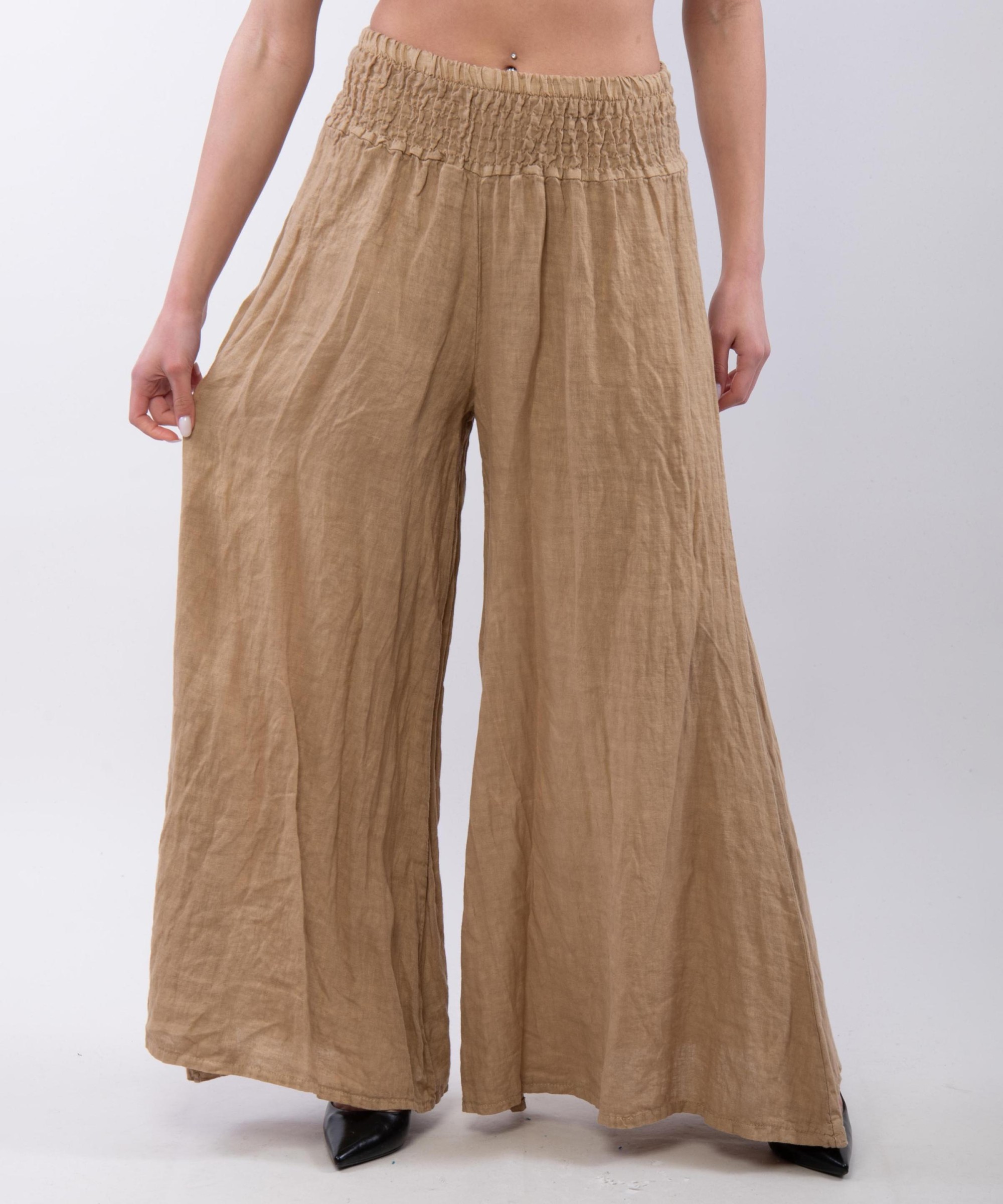 Pantalone a Zampa Lino con Elastico in Vita