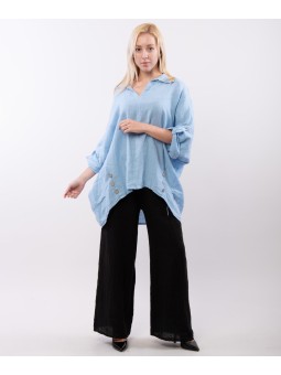 Blusa Lino Oversize V con Bottoni Orlo decorativi