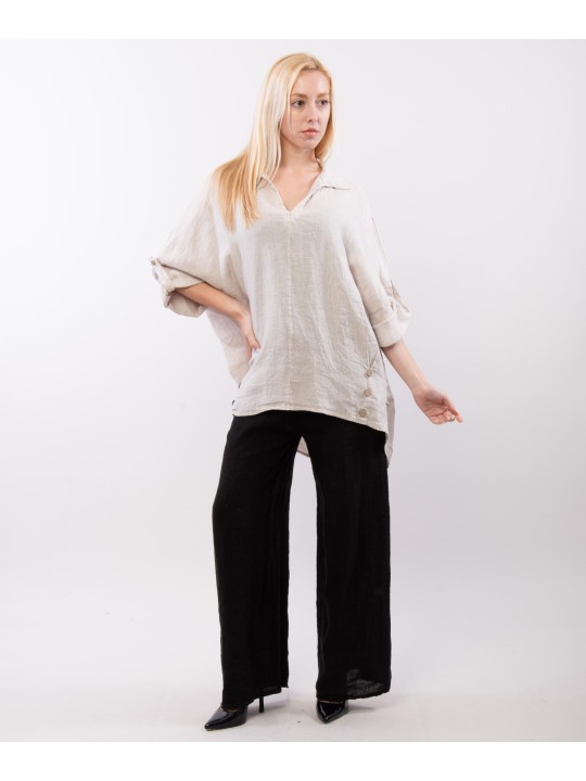 Blusa Lino Oversize V con Bottoni Orlo decorativi