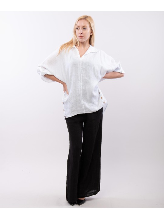 Blusa Lino Oversize V con Bottoni Orlo decorativi