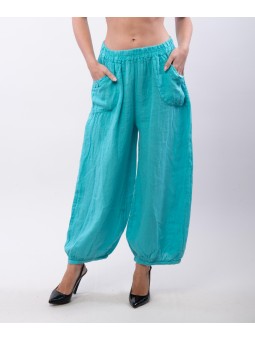 Pantalone a Palloncino Lino con Bottoni su Tasche