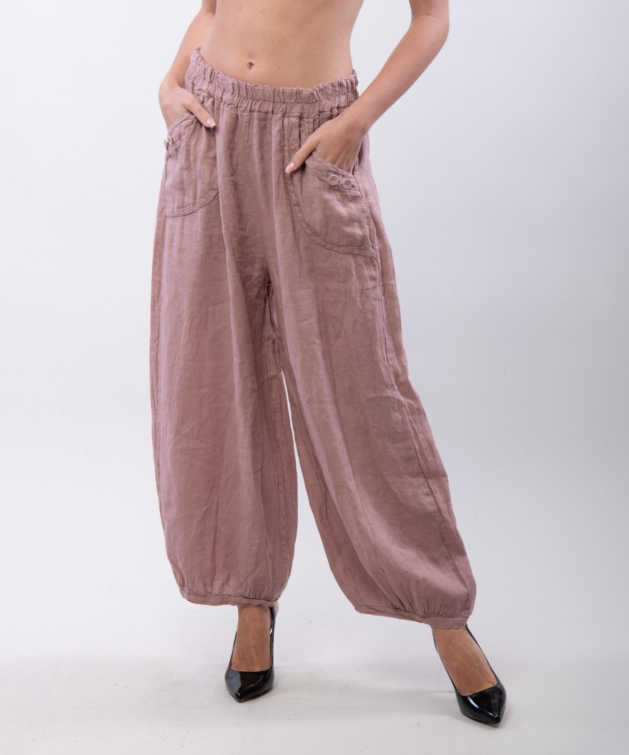 Pantalone a Palloncino Lino con Bottoni su Tasche