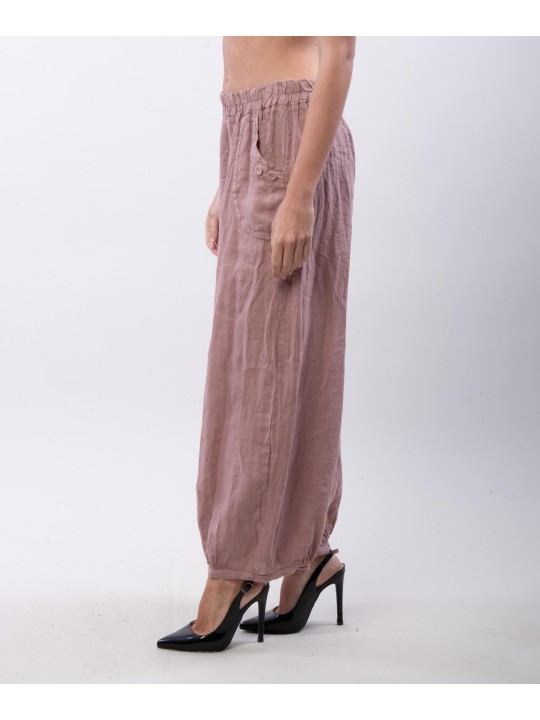Pantalone a Palloncino Lino con Bottoni su Tasche