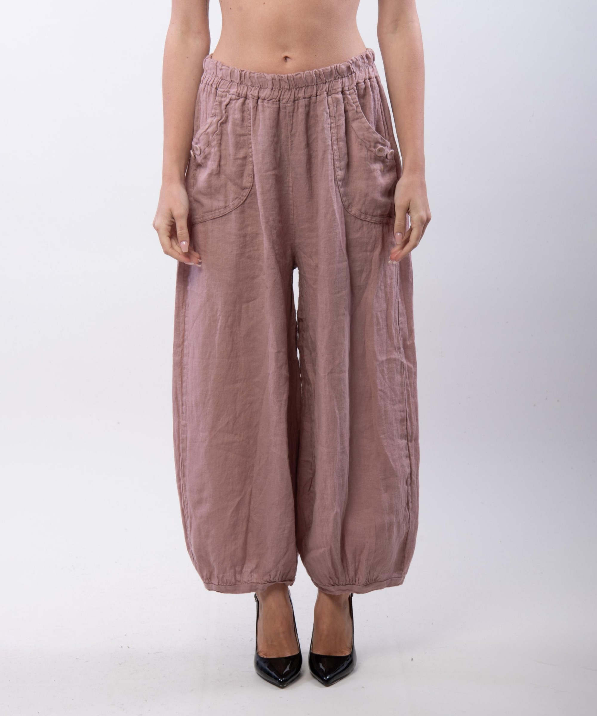 Pantalone a Palloncino Lino con Bottoni su Tasche