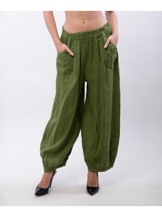 Pantalone a Palloncino Lino con Bottoni su Tasche