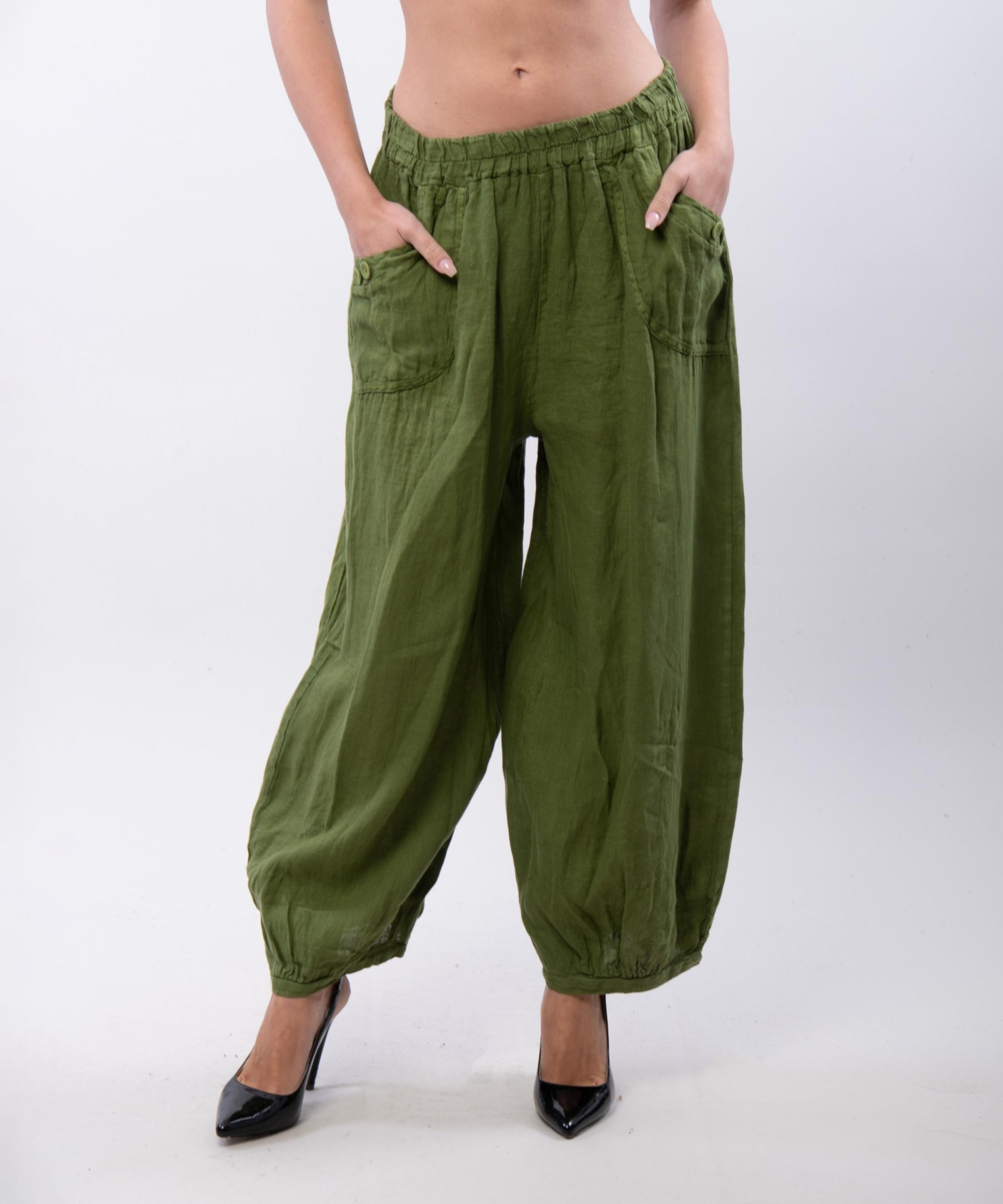 Pantalone a Palloncino Lino con Bottoni su Tasche