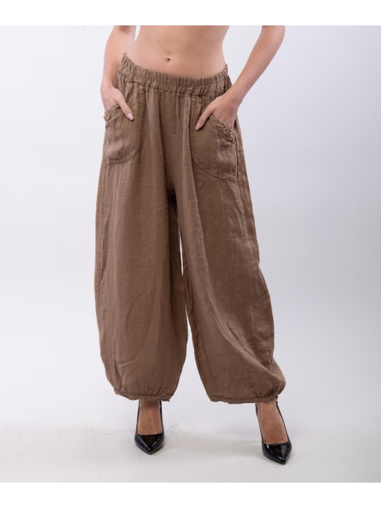 Pantalone a Palloncino Lino con Bottoni su Tasche