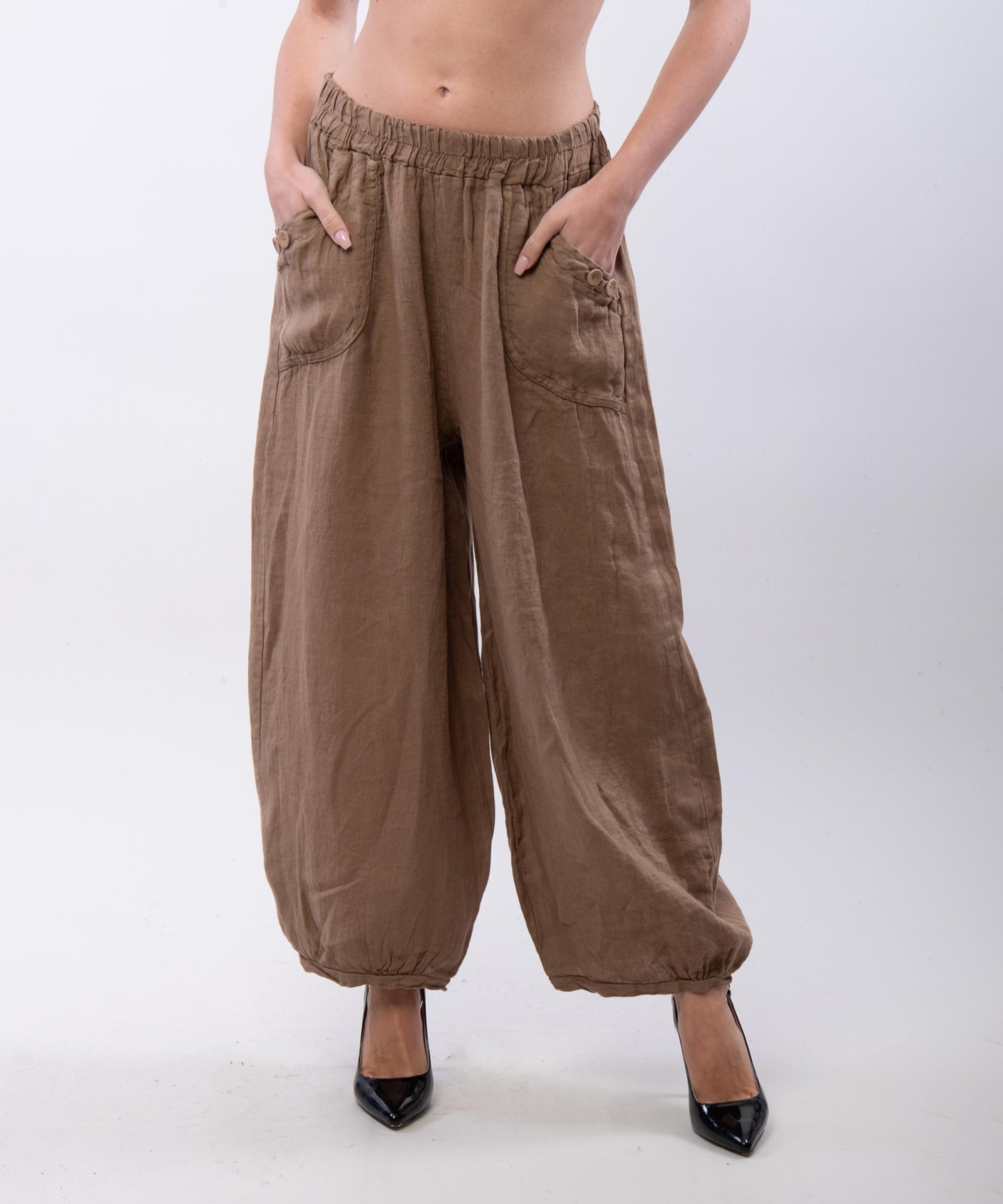 Pantalone a Palloncino Lino con Bottoni su Tasche