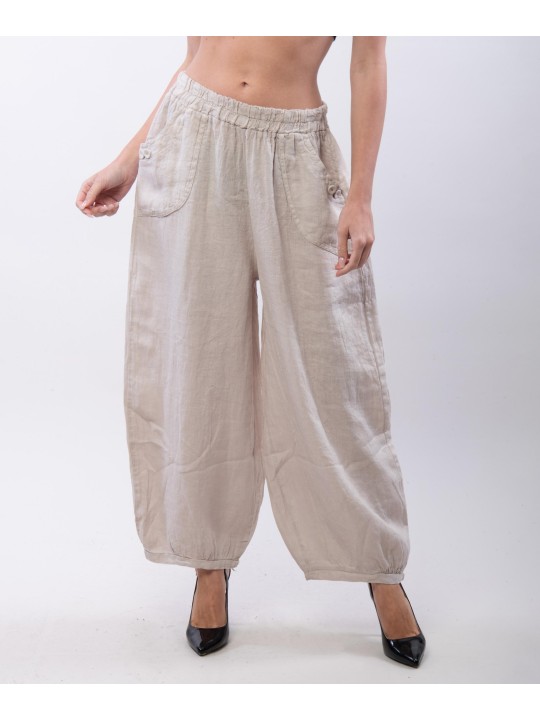 Pantalone a Palloncino Lino con Bottoni su Tasche