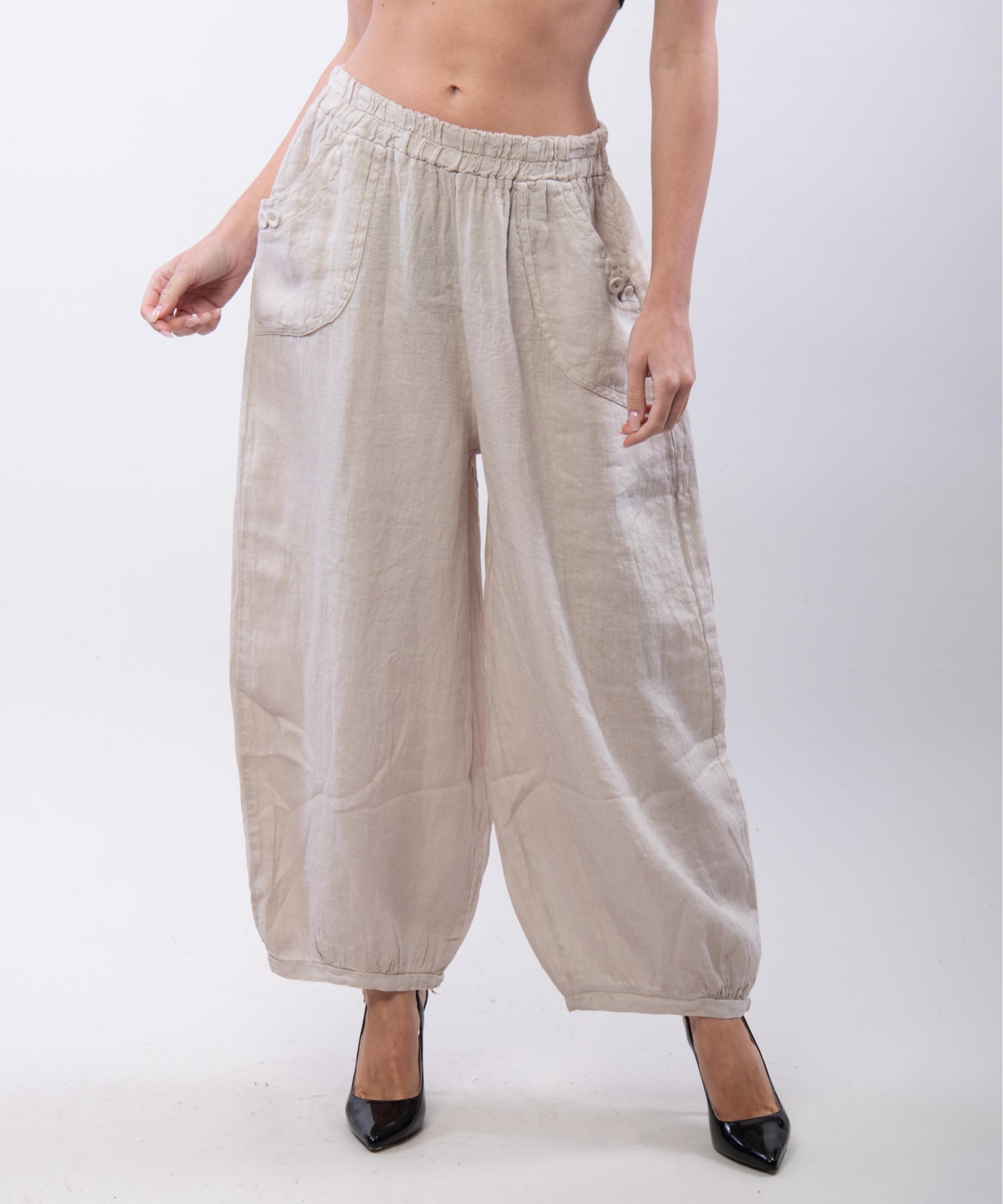 Pantalone a Palloncino Lino con Bottoni su Tasche