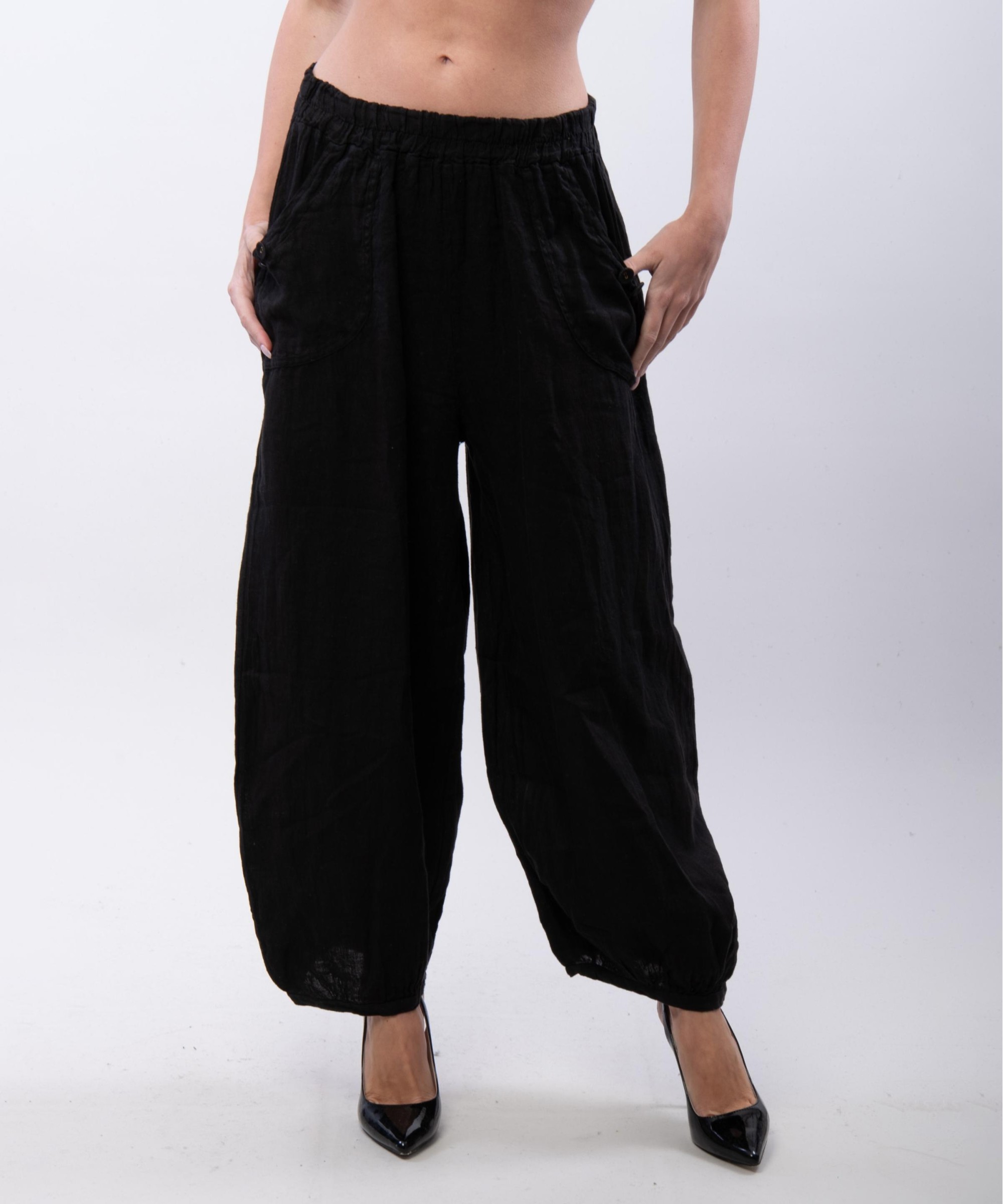 Pantalone a Palloncino Lino con Bottoni su Tasche