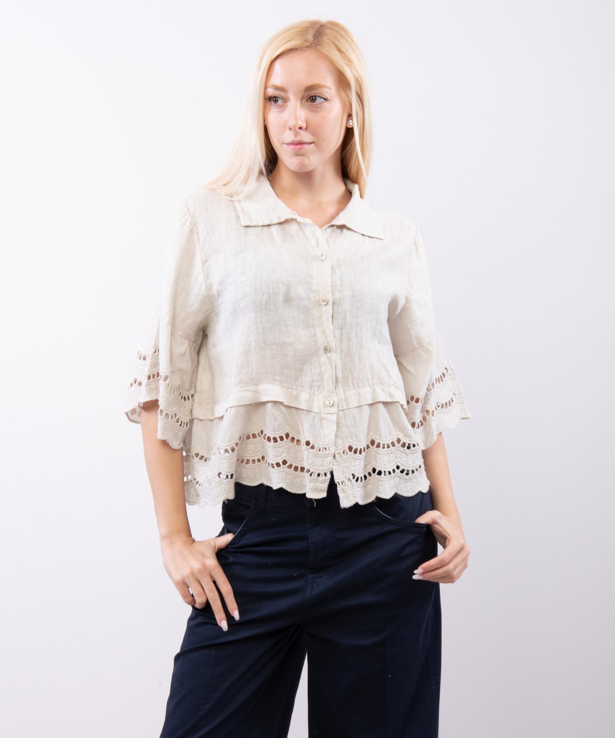 Camicia Lino con Orlo Ricamato