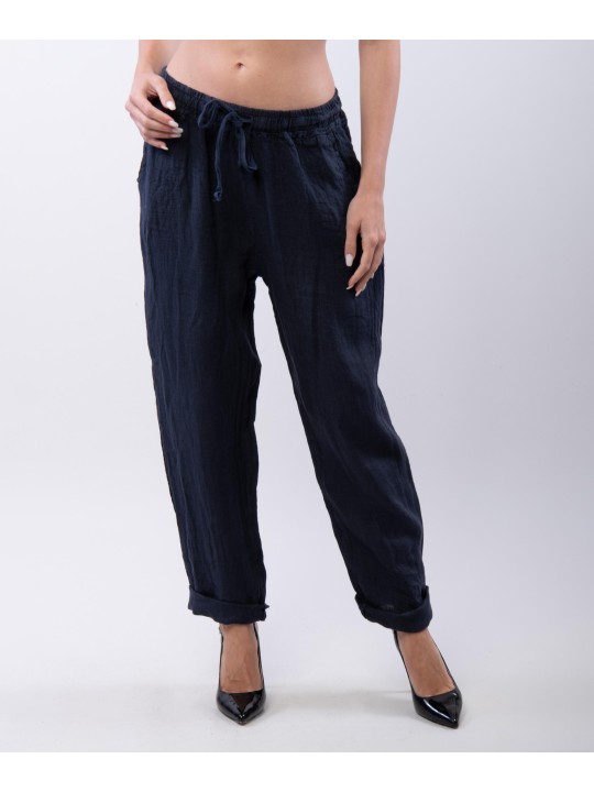Pantaloni Dritti Lino con Elastico Plus