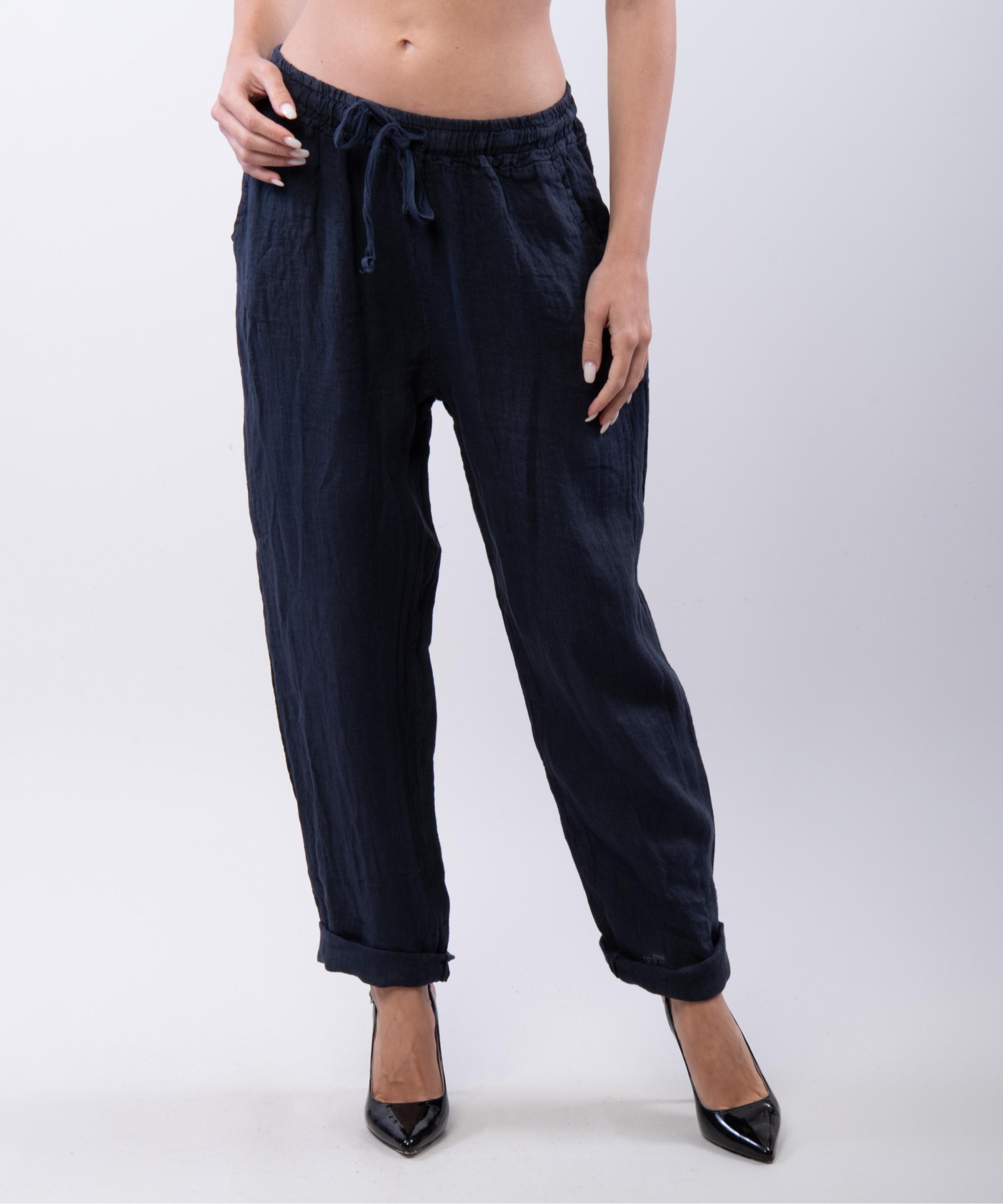 Pantaloni Dritti Lino con Elastico Plus