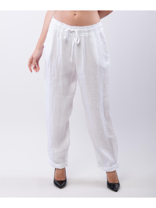 Pantaloni Dritti Lino con Elastico Plus