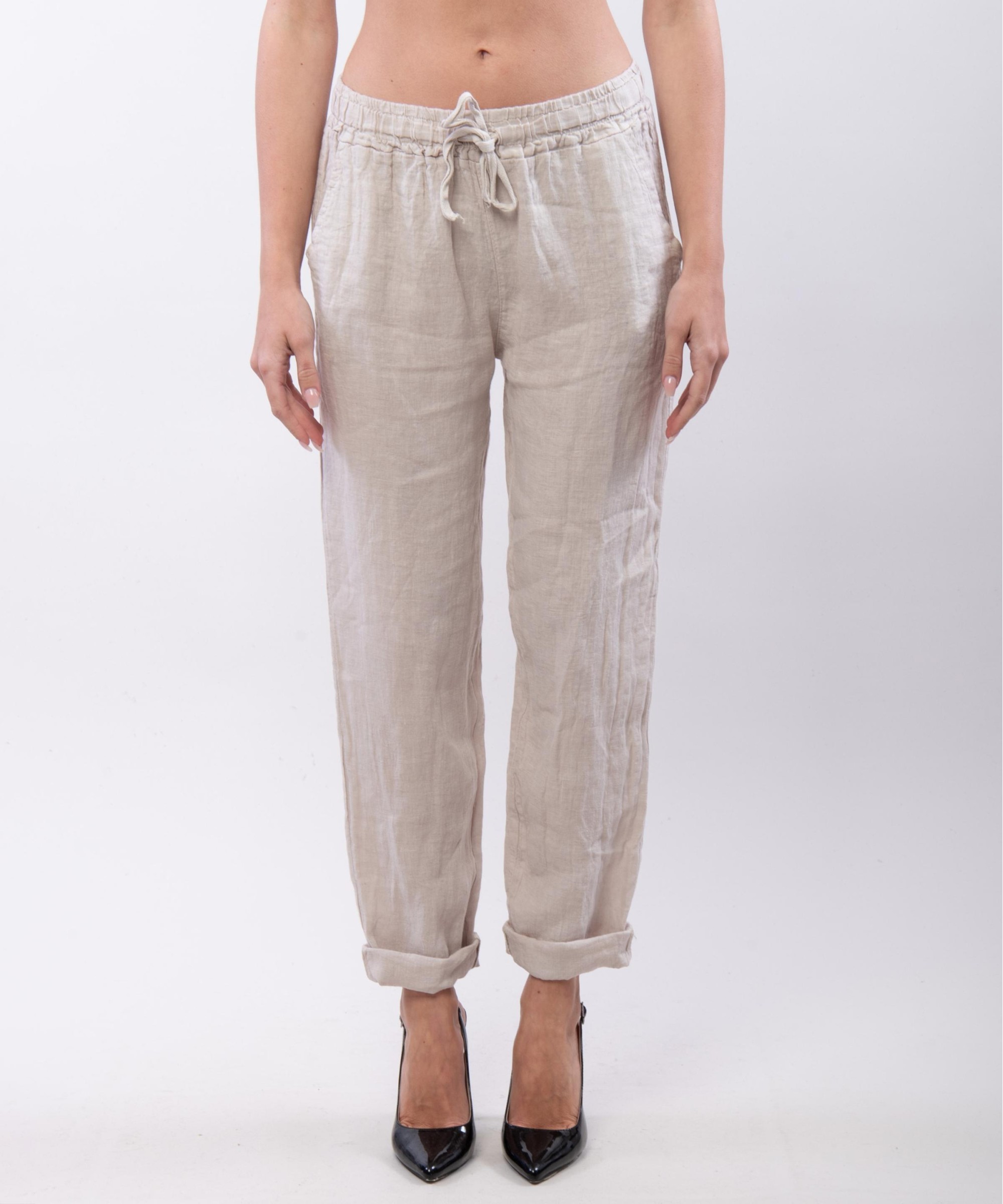 Pantaloni Dritti Lino con Elastico