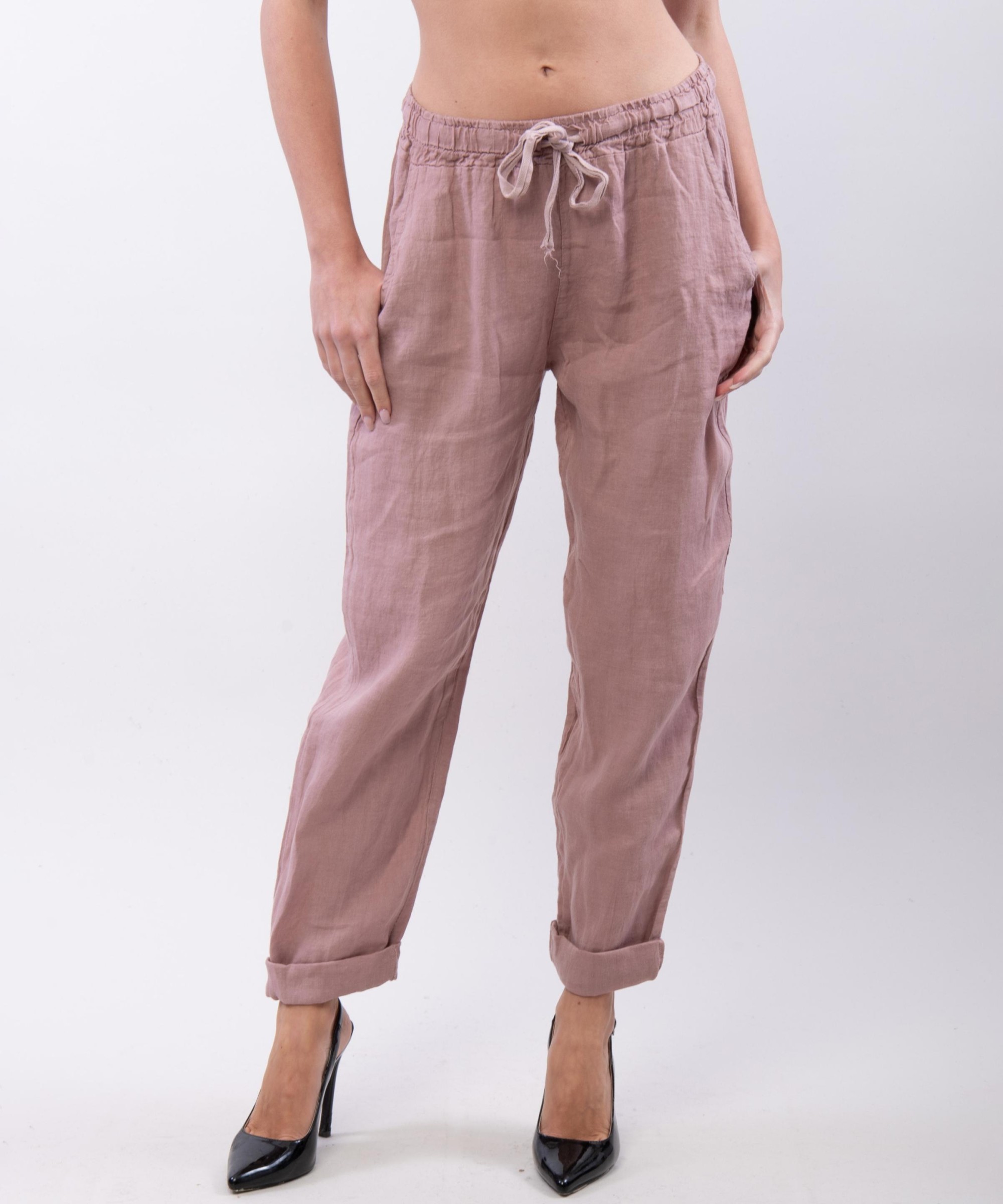 Pantaloni Dritti Lino con Elastico