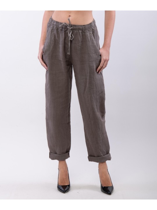 Pantaloni Dritti Lino con Elastico