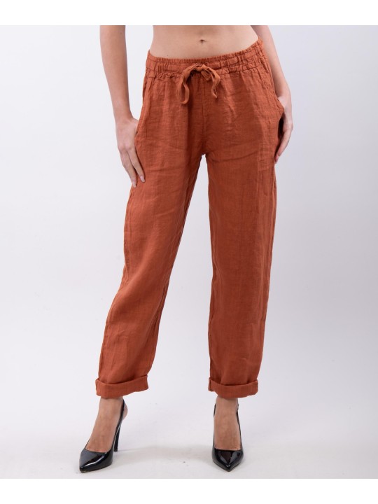 Pantaloni Dritti Lino con Elastico