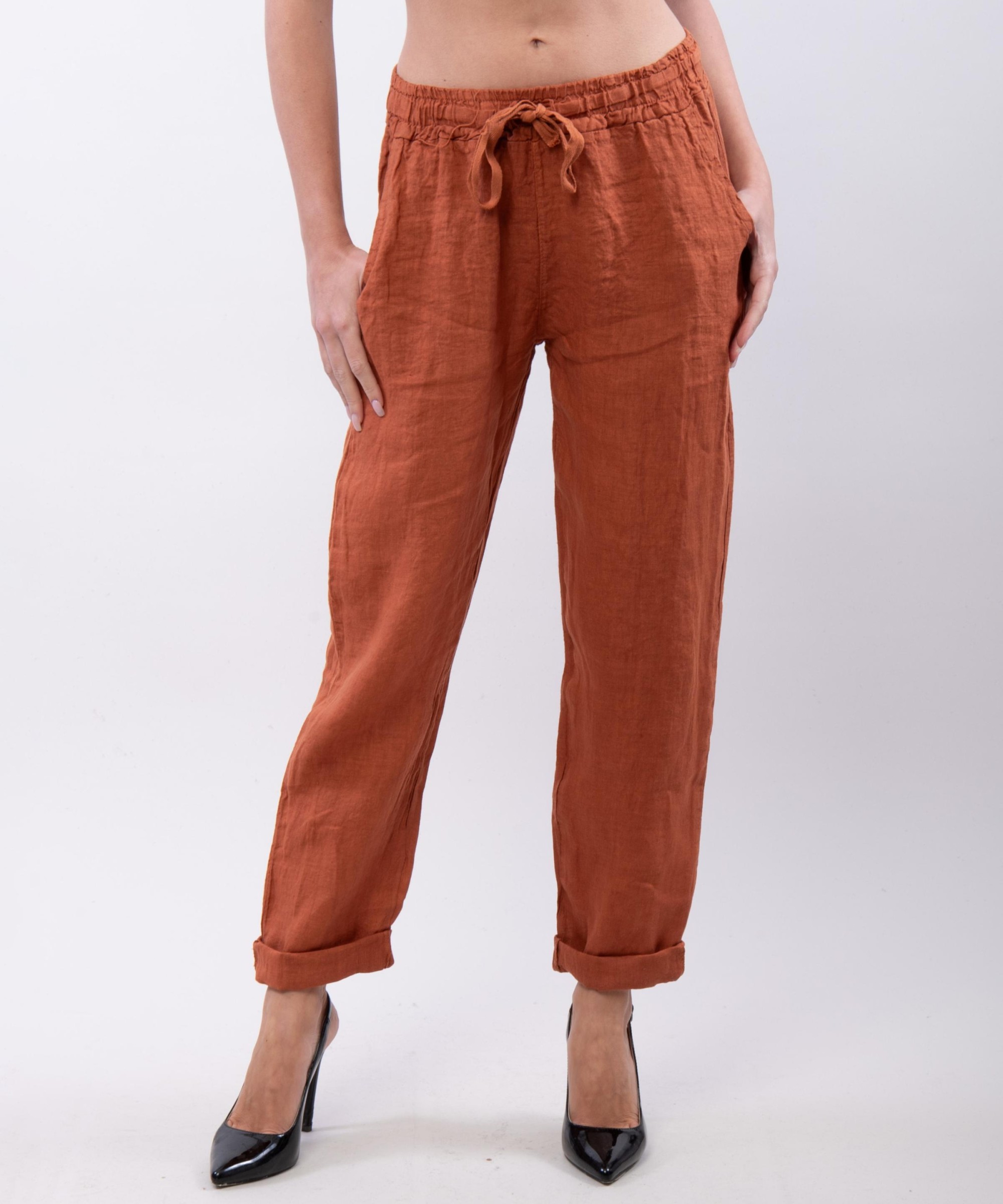 Pantaloni Dritti Lino con Elastico