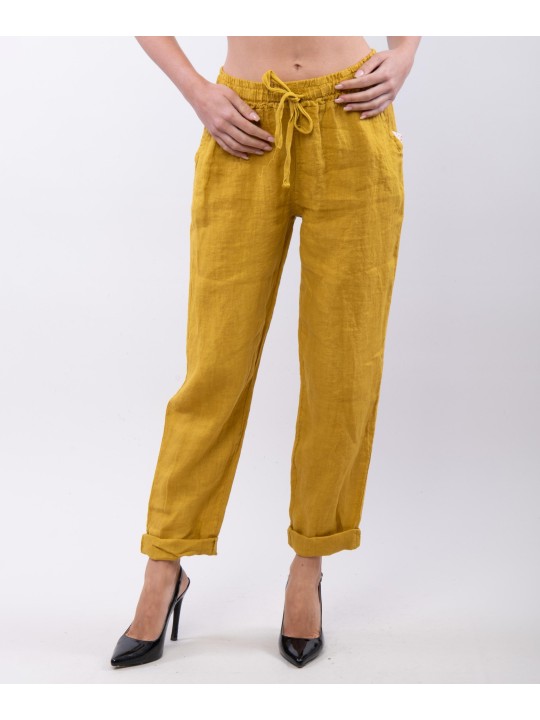 Pantaloni Dritti Lino con Elastico