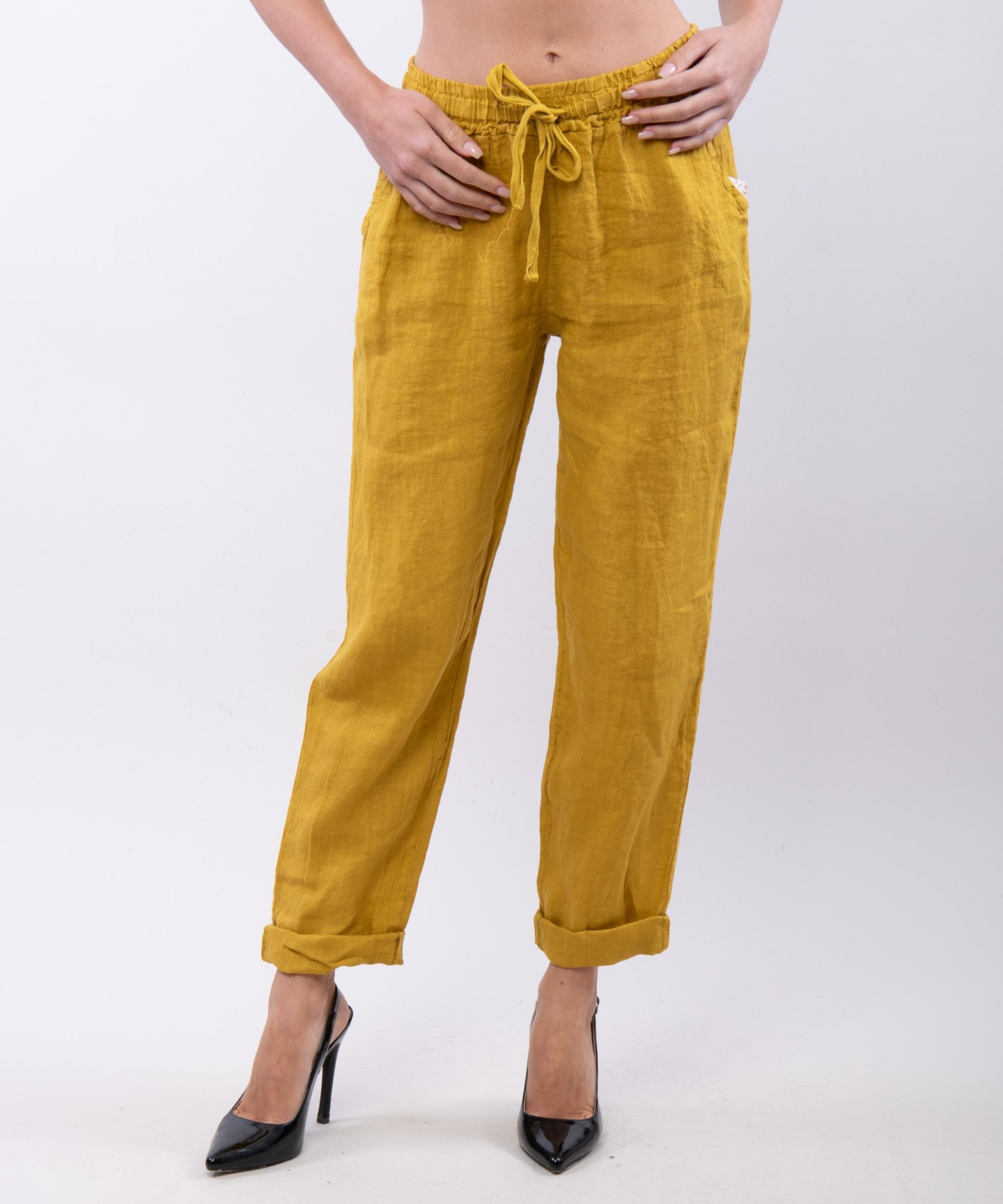 Pantaloni Dritti Lino con Elastico