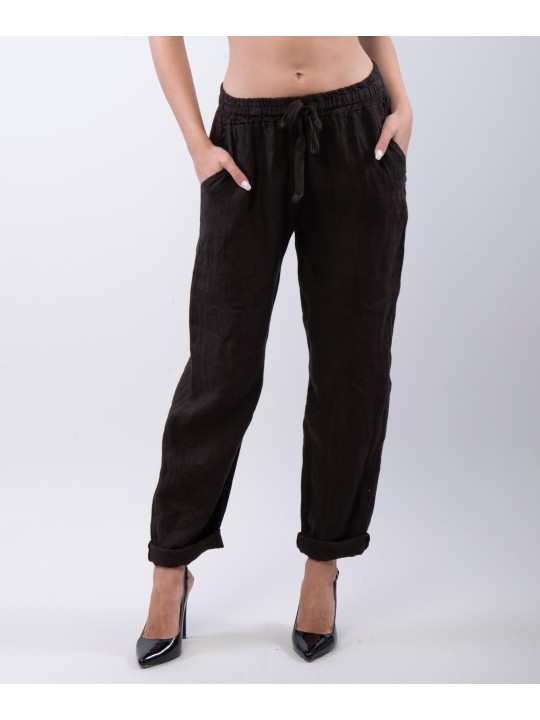 Pantaloni Dritti Lino con Elastico