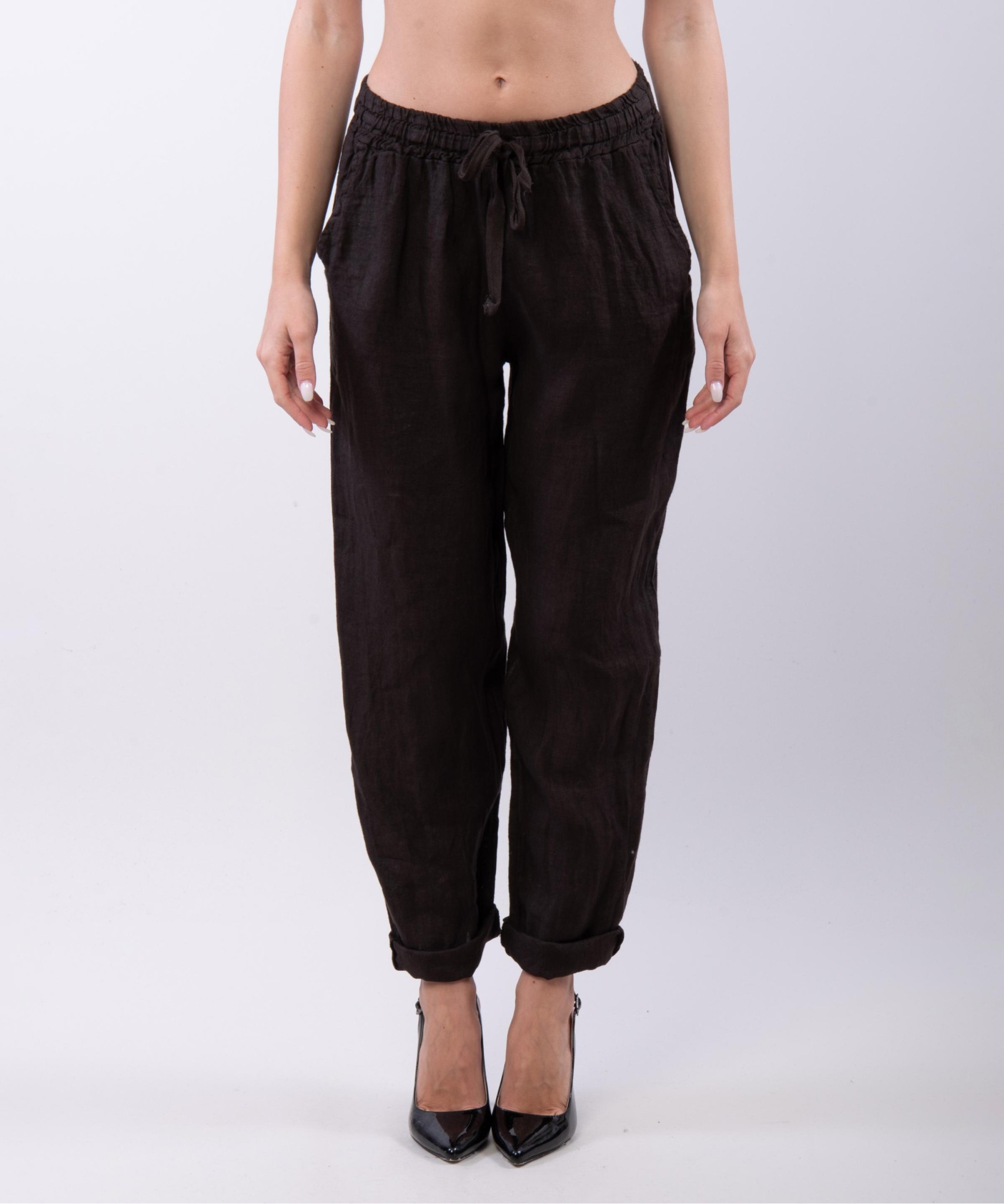 Pantaloni Dritti Lino con Elastico