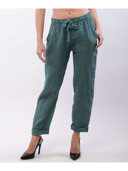 Pantaloni Dritti Lino con Elastico